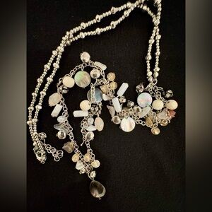 Delicate Long Station Necklace Silver Chain Mother of Pearl Moonstone Gems